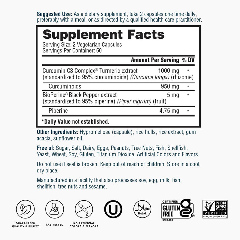 [Australia] - Nature's Lab Turmeric Curcumin C3 Complex 1000mg - Turmeric Extract 1000mg & BioPerine 5mg Standardized to 95%, Promotes Cardiovascular, Immune, Joint, Skin Health - 120 Capsules (60 Day Supply) 
