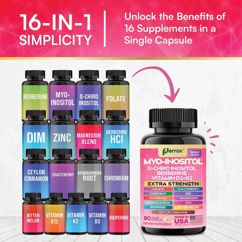 Myo-Inositol Supplement, 15-in-1 D-Chiro & Folate, 90 Vegan Capsules | D-Chiro Inositol, Folate, DIM, Vitamins D3, B12, K2, Chromium, Cinnamon, Zinc, Ashwagandha, Chasteberry 90 Count (Pack of 1)