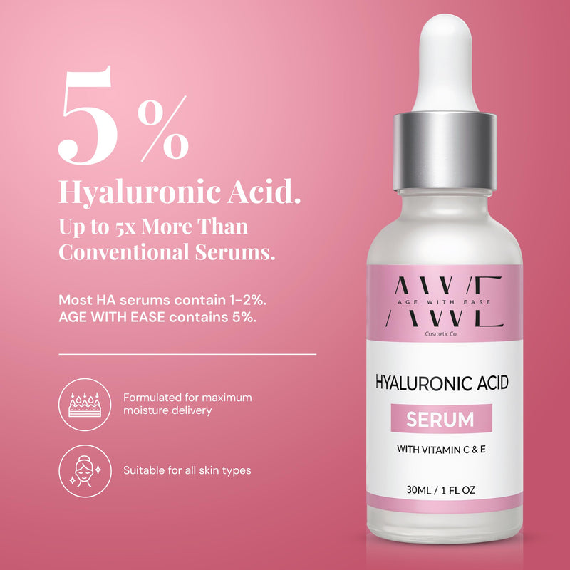 Age with Ease Hyaluronic Acid Serum with Vitamin C and E – 5% Hyaluronic Acid, Brightening Anti-Aging Face Serum, Dark Spot Treatment, Hydrating Skin Serum