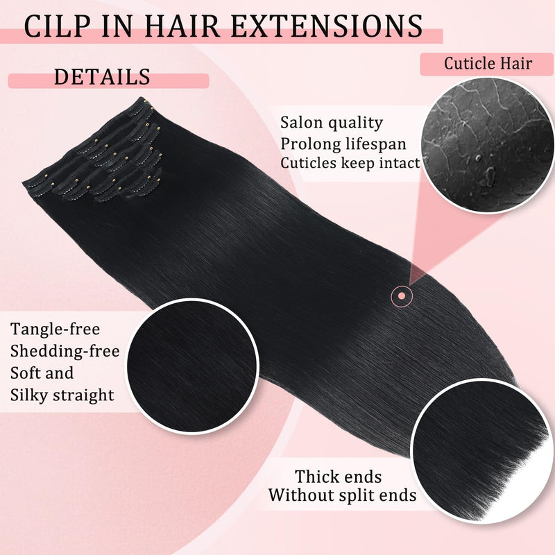 [Australia] - Clip in Hair Extensions Real Human Hair Clip in Extensions for Women Seamless Invisible Jet Black Natural Remy 100% Human Clips ins Extension 8pcs Double Weft 20 inch 3.7oz/105g 20 Inch-105g #1 Jet Black 