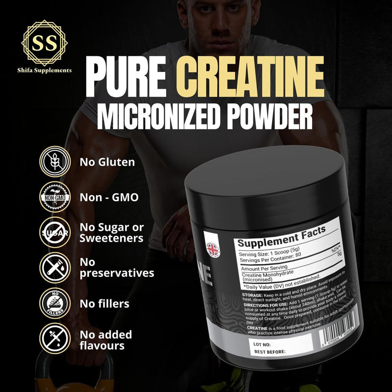 Creatine Monohydrate Powder Halal 400g (5g x 80 Servings) – Ideal for Muscle Growth & Recovery | 100% Pure Micronised Creatine Powder | Unflavoured | No Additives | Vegan