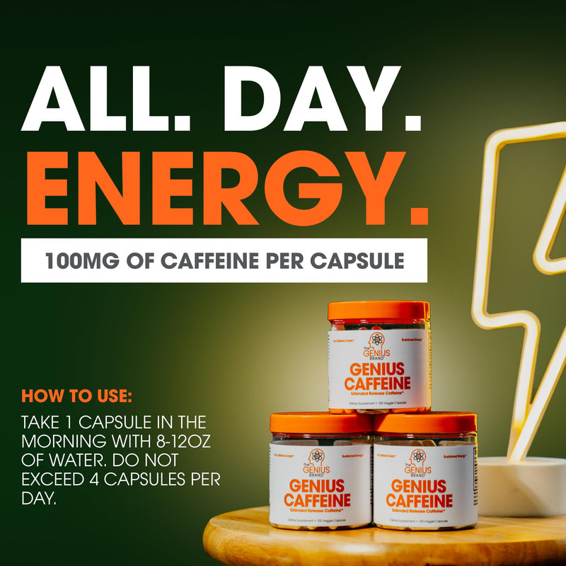 [Australia] - Genius Caffeine Pills 100mg, Extended-Release Microencapsulated Caffeine Pills - All-Natural Non-Crash Sustained Energy, Focus & Concentration Supplement - Nootropic Brain Booster - 100 Capsules 
