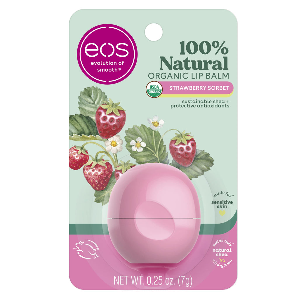 eos 100% Natural & Organic Lip Balm- Strawberry Sorbet, All-Day Moisture, Dermatologist Recommended for Sensitive Skin, Lip Care Products, 0.25 oz 1 Count (Pack of 1)