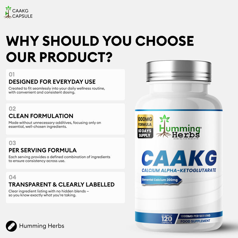 Humming Herbs Calcium Alpha-Ketoglutarate Supplement (CaAKG) 1000mg | 200mg Elemental Calcium (25% NRV) | 120 VeganCapsules | 60 Day Supply | Energy Metabolism Support