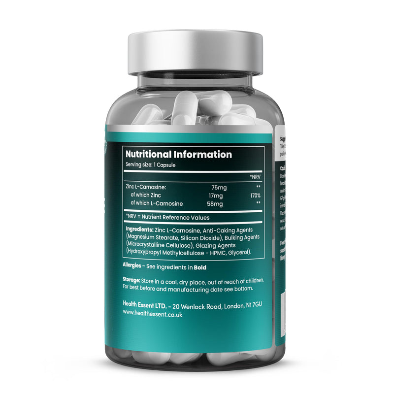 HealthEssent Zinc L-Carnosine Capsules 75mg - Gut & Stomach Health Supplement - (4 Month Supply) Digestive Care & Stomach Lining Protection, Non-GMO, No Preservatives - 120 Vegan Capsules