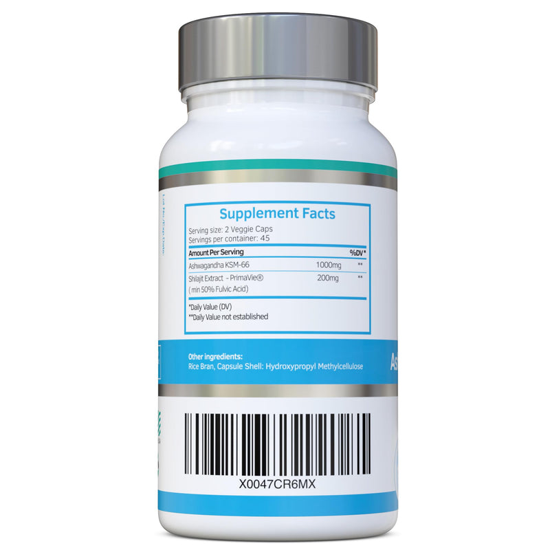 Ashwagandha & Shilajit - Award Winning Ashwagandha KSM-66 1000mg & Purified Shilajit Extract 200mg (60% Fulvic Acid) - No Artificial fillers, Binders or Flow Agents - Suitable for Vegans, Capsule
