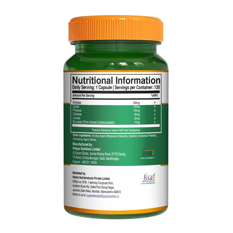 Pure Nutrition Digestive Enzymes with Bromelain | 120 Veg Caps | Gut Health & Metabolism Support* Formula with Digestive Enzyme Blend of Amylase, Lipase, Protease, Cellulase & Lactase.