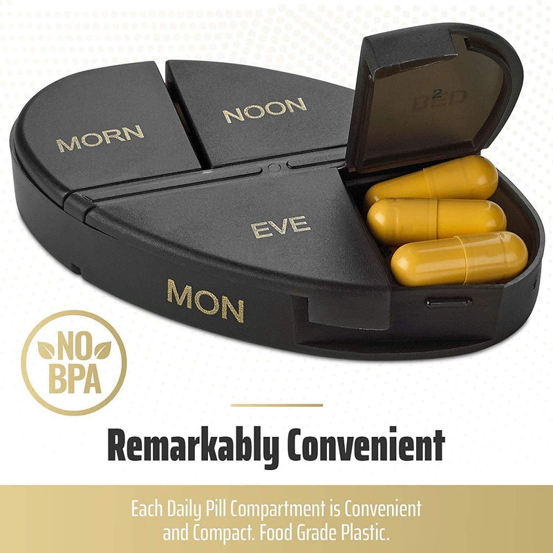 Weekly Pill Organizer - 2Pack - 4 Times-A-Day, Daily Stackable Medication Reminder - Weekly AM/PM Pill Box with 7 Individual Stacking Cases, a Everyday Medicine Organizer for Vitamins, Black & Gold Gold & Black 7 Count (Pack of 2)