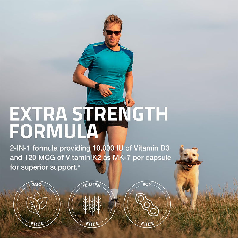[Australia] - Bronson Vitamin K2 (MK7) with D3 Extra Strength Supplement Bone Health Non-GMO Formula 10,000 IU & 120 mcg MK-7 Easy to Swallow D K, 60 Capsules 60 Count (Pack of 1) 