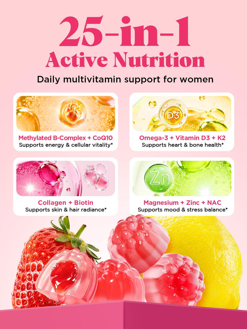 Methylated Multivitamin for Women, Individually Wrapped, 120 Count | Methylated B Complex Multivitamin Gummies, Sugar Free, Methylated Folate & B12, Omega-3, CoQ10, D3 K2, Daily Health Support