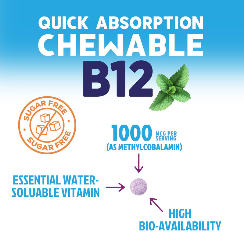 Vitamin B12 Complex (Methylcobalamin) 1000 mcg - 3X Strength B 12 Vitamins Supplement for Cellular Energy Metabolism, Nature's Nervous System Support, Bottled USA, Berry Flavor - 60 Chewable Tablets 60 Count (Pack of 1)