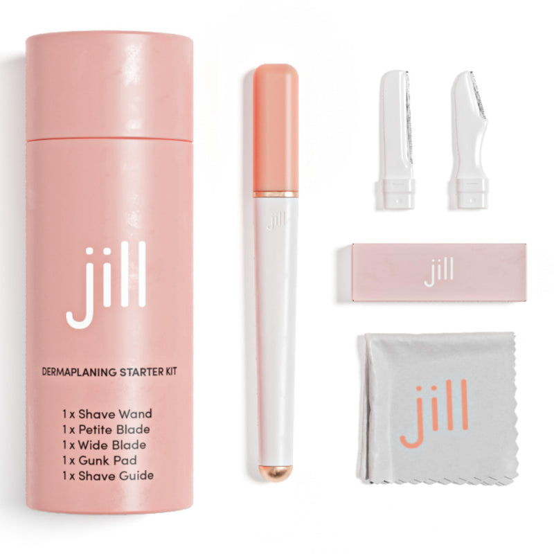 Jill Dermaplane Razor Trial Kit | Facial Hair Removal Dermaplaning Kit Includes 1 Shave Wand, 2 Dermaplane Razors & Cleaning Cloth | Pre-Shave Magic Spray & Wipes Not Included