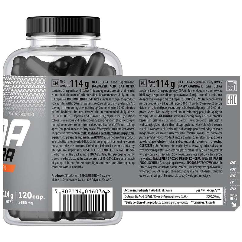 TREC Nutrition DAA Ultra - 120 Capsules - Booster Testosterone Modulator - Fast Increase of Strength and Muscle Fibre Mass