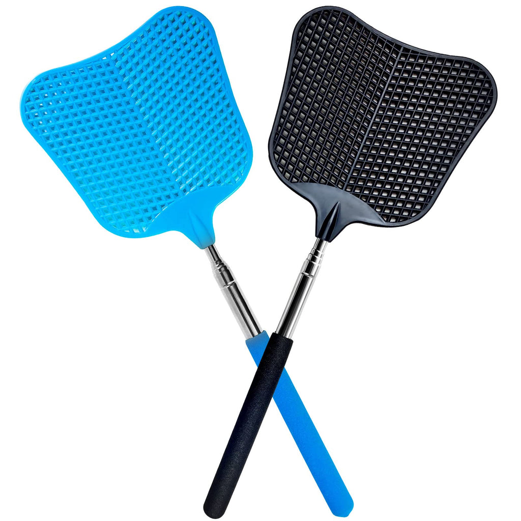 Fly Swatter, Flexible and Durable Telescopic Stainless Steel Retractable Handle ，manual fly swatters for Home,Garden,Classroom and Office (2Pcs Black& Blue)