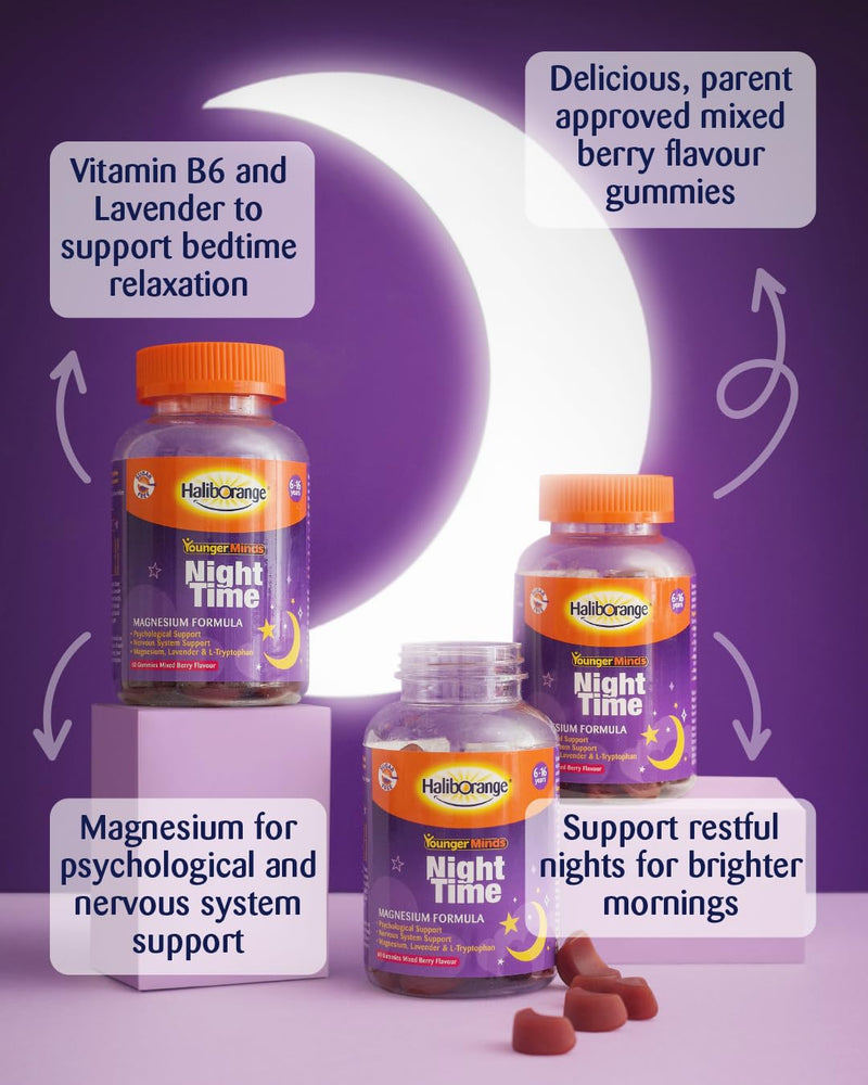 Haliborange YoungerMinds Night-time Gummies for Kids 6–16 | Sugar-Free Sleep Support with Magnesium, L-Tryptophan, B6 & Lavender | Promotes Relaxation & Bedtime Routine – 60 Gummies 60 count (Pack of 1)