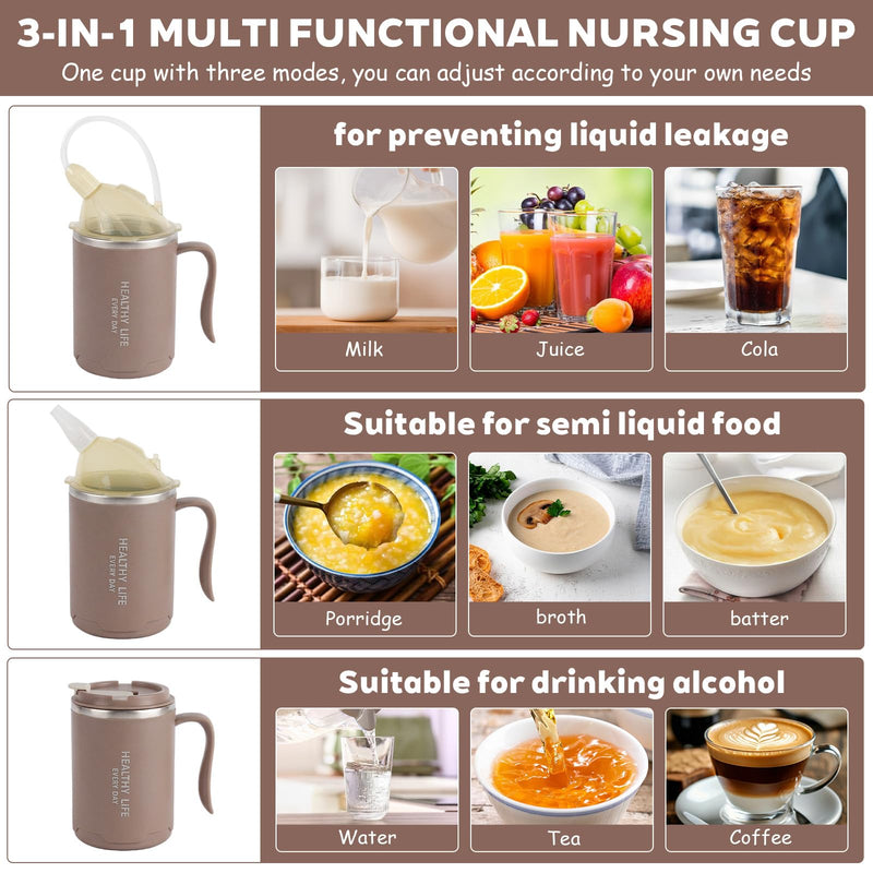 400ml Adult Sippy Cup, 3-in-1 Elderly Spill Proof Cups, Beakers for Elderly, Stainless Steel Drinking Cups Non Spill Sippy Cup for Adults with Handle for Elderly, Disabled People