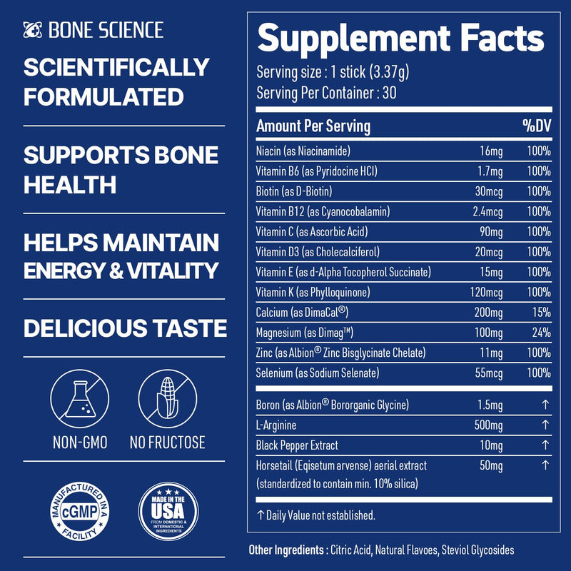 BONE SCIENCE PrimeHeight Kids Multivitamin Powder, Peach Flavor, 30 Sticks | Sugar-free peach drink mix with 16 key nutrients for bone and immune support; convenient single-serve sticks mix with water