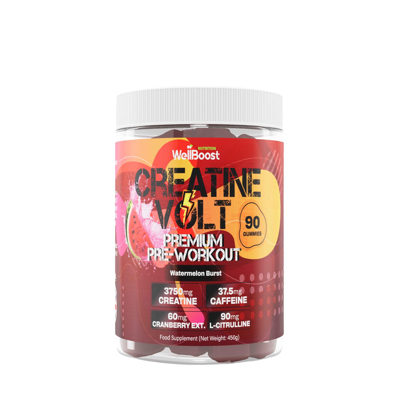 WellBoost Creatine Volt 90 Gummies – Creatine, Caffeine, L-Citrulline, Cranberry Extract, Watermelon Extract – Vegan, Sugar-Free, Watermelon Flavour – Energy, Endurance, Lean Muscle – 1 Month Supply