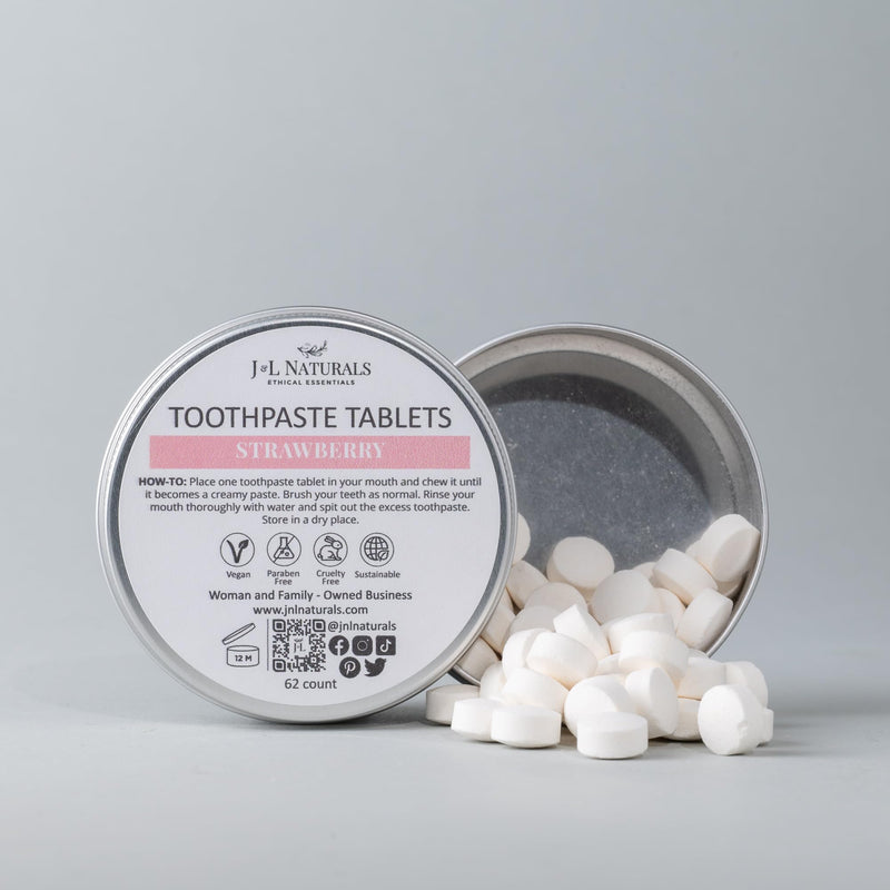 [Australia] - J&L Naturals Toothpaste Tablets | 62-Pack Travel-Friendly Toothpaste | Fluoride + Plastic Free, Vegan, Cruelty Free, Sustainable | Woman-Owned Small Business (Strawberry, 62 Count (Pack of 1)) Strawberry 62 Count (Pack of 1) 