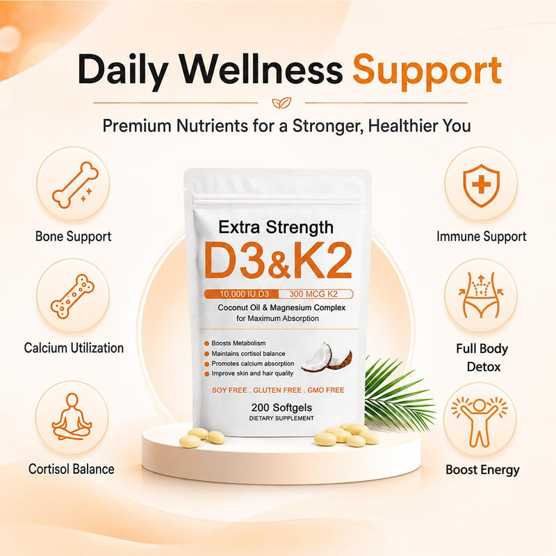 D3 K2 Magnesium Supplement, D3 K2 Vitamin 10000 IU Softgels, Promote Calcium Absorption, Cortisol Balance, Boost Metabolism, Extra Strength Triple Magnesium & Coconut Oil, 200 Softgels (1) (1) 1