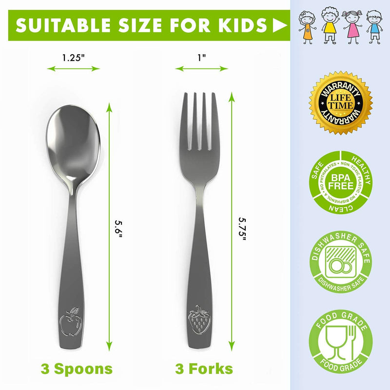 [Australia] - 6 Piece Stainless Steel Kids Silverware Set - Child and Toddler Safe Flatware - Kids Utensil Set - Metal Kids Cutlery Set (Includes 3 Small Kids Spoons & Kids 3 Forks) 6 Piece 