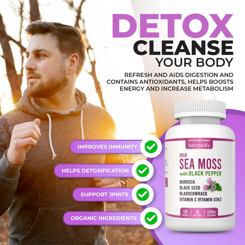 Premium Sea Moss & Black Seed Complex Capsules – Advanced Botanical & Multimineral Blend with Bladderwrack, Burdock Root, Ashwagandha, Turmeric, Vitamin D3 & K2 – 120 Vegan Capsules