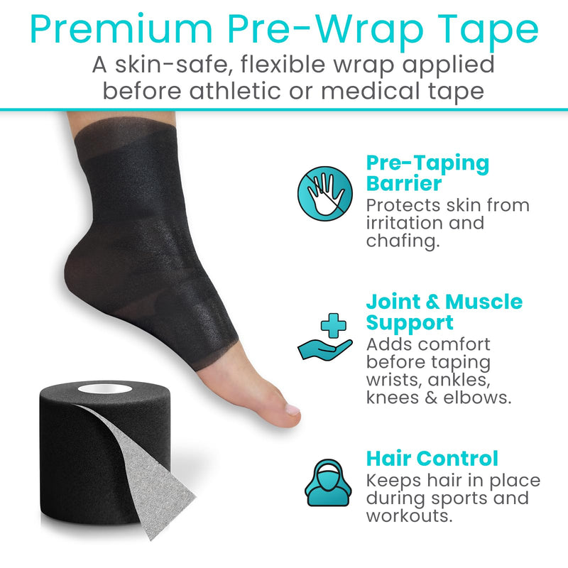 Vive Pre Wrap Athletic Tape (4 Pack - 2.75" Wide) - Prewrap Sports Strips (120 Yards) for Hair, Soccer, Injuries, Ankles, Football, Wrists, Lacrosse, Boxing, Baseball - Breathable, Non-Adhesive Black