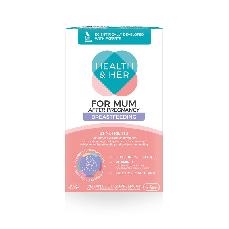 Health & Her For Mum After Pregnancy Breastfeeding Supplement - Postnatal vitamins for women - Contains 5bn live cultures, Vitamin D, Calcium, Magnesium - 1 month supply - 60 CAPSULES - Vegan & Gluten 60 count (Pack of 1)