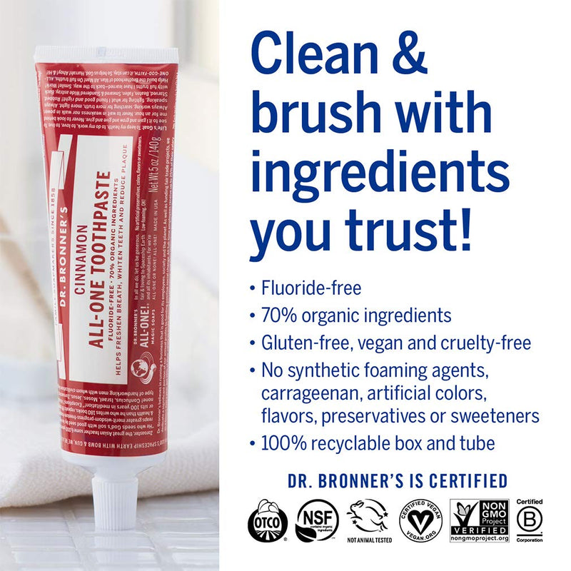 [Australia] - Dr. Bronner’s All-One Toothpaste– Cinnamon, 5 oz, 3-Pack– Fluoride-Free Toothpaste for Adults, SLS-Free, 70% Organic & Natural Ingredients, Vegan, Helps Freshen Breath, Reduce Plaque, Whiten Teeth 5 Ounce (Pack of 3) 