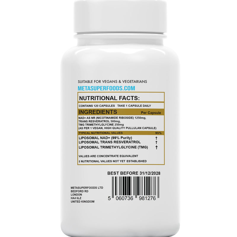 NAD+ with Resveratrol & TMG 2000mg | 120 Capsules High Strength NAD | 4 Months Supply 1-A-Day | Anti-Ageing | Boost Metabolism Antioxidant Cell Repair NADH, Liposomal Max Absorption, Vegan, UK Company