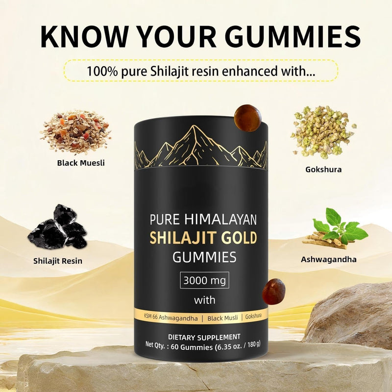 Shilajit Gummies for Men & Women - 3000mg Gold Standard Pure Himalayan Complex with Fulvic Acid, 85+ Trace Minerals & Energy Boost & Immune Support - Vegan & Gluten Free - 60 Gummies