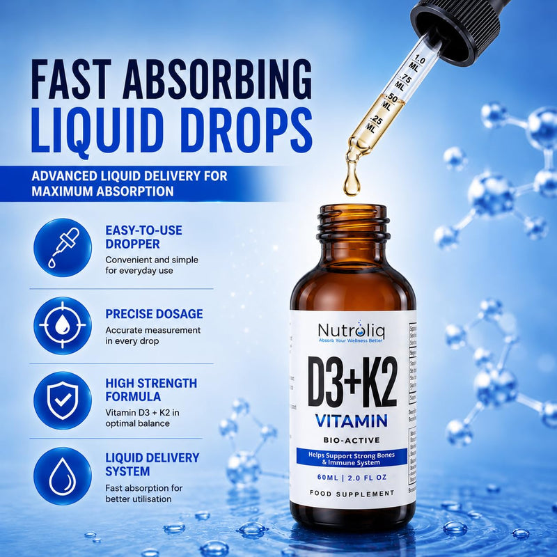 Nutroliq Vitamin D3 + K2 Liquid Drops - 4000IU Vit D3, 100mcg Vit K as MK7, MCT, Extra Virgin Olive Oil - For Immune & Bone Health, Better Energy, Calcium Absorption - Natural Peppermint Flavour, 60ml