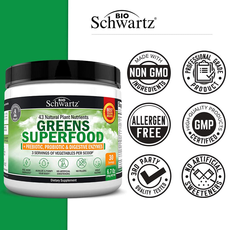 [Australia] - Super Greens Powder Superfood - Greens Powder with Probiotics Prebiotics Digestive Enzymes and 43 Green Superfoods - Chlorophyll Bilberry Chlorella Spirulina Grass - Tastes Amazing - 30 Servings 6.7 Ounce (Pack of 1) 