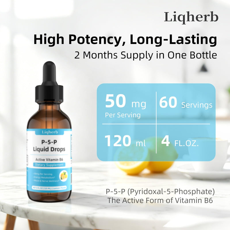 P-5-P Liquid Drops 50mg, P5P Vitamin B6 (Pyridoxal-5-Phosphate), Supports Energy Metabolism, Mood & Nerve Wellness, Fast Absorption Formula, Lemon Flavor, Vegan Non-GMO, 4 Fl Oz