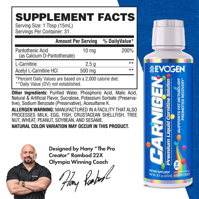 [Australia] - Evogen Carnigen Carnitine Liquid, Premium Acetyl L-Carnitine, Carnitine Tartrate, B5, Fat Loss Support, for Men & Women (Rainbow Candy) Rainbow Candy 