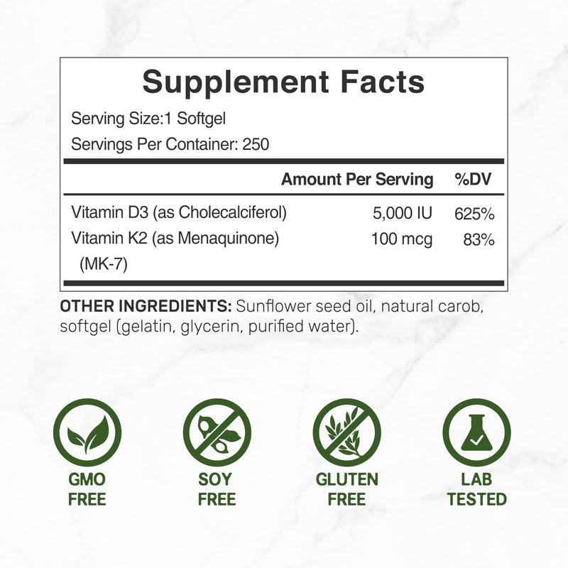 DEAL SUPPLEMENT Vitamin D3 5,000 IU + K2 MK7 Softgels, 250 Count | 2-in-1 Complex | Easy to Swallow 250 Count (Pack of 1)