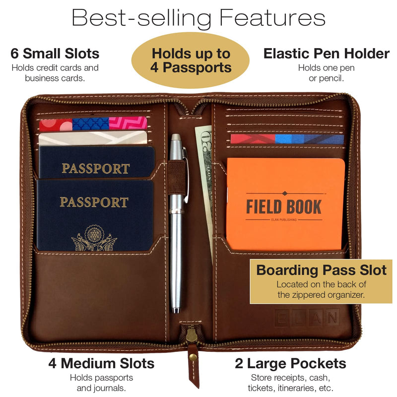 Excello Global Products Split Grain Leather Travel Wallet, Brown, Holds 4 Passports One Size Brown (Split Grain)