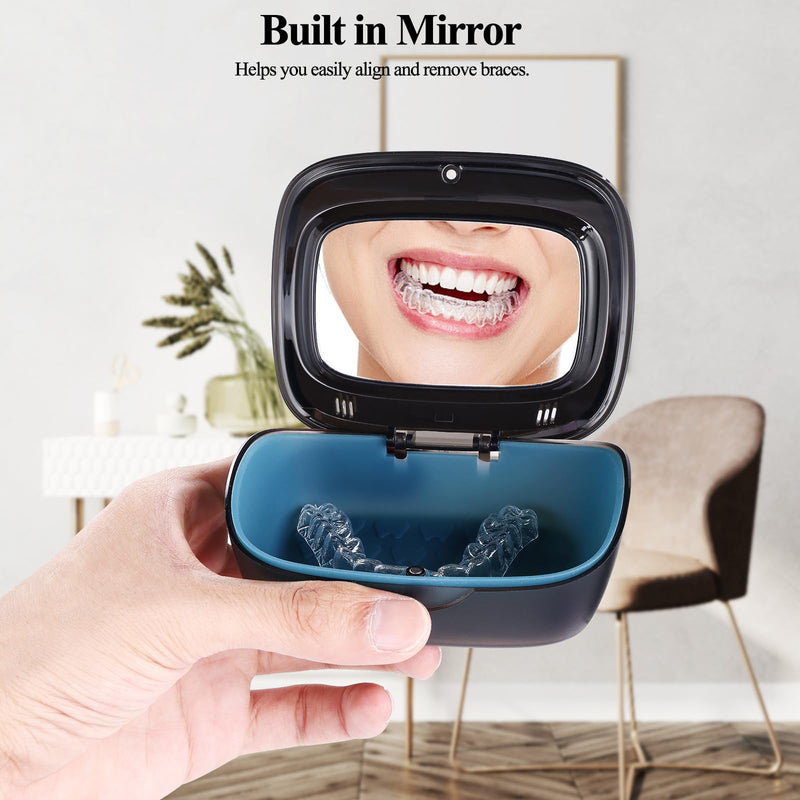 Double Layer Aligner Case Retainer Case With Mirror, Retainer Holder With Remover Tool And Cleaning Brush With Vent Holes Compatible With Aligner Case, Retainer Case,Orthodontic Supplies Case BLACK