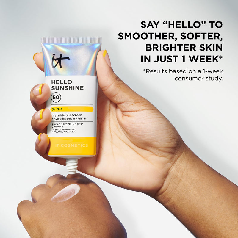 IT Cosmetics Hello Sunshine Hydrating Serum Facial Sunscreen SPF 50 | 3-in-1 Daily Face Sunscreen + Hydrating Serum + Makeup Primer - No White Cast, Sun + Pollution Protection for Face and Neck 2.7 Fl Oz