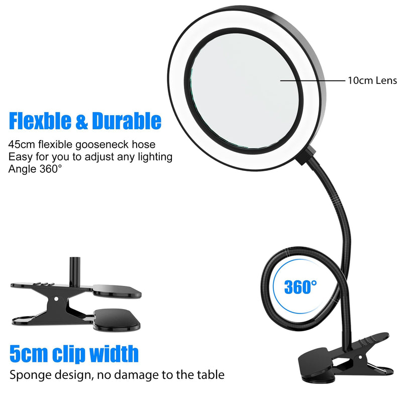 [Australia] - Nazano 8X Magnifying Glass with Light and Stand, 3 Adjustable Color Modes/10 Brightness Levels, Magnifying Lamp with Metal Clamp 