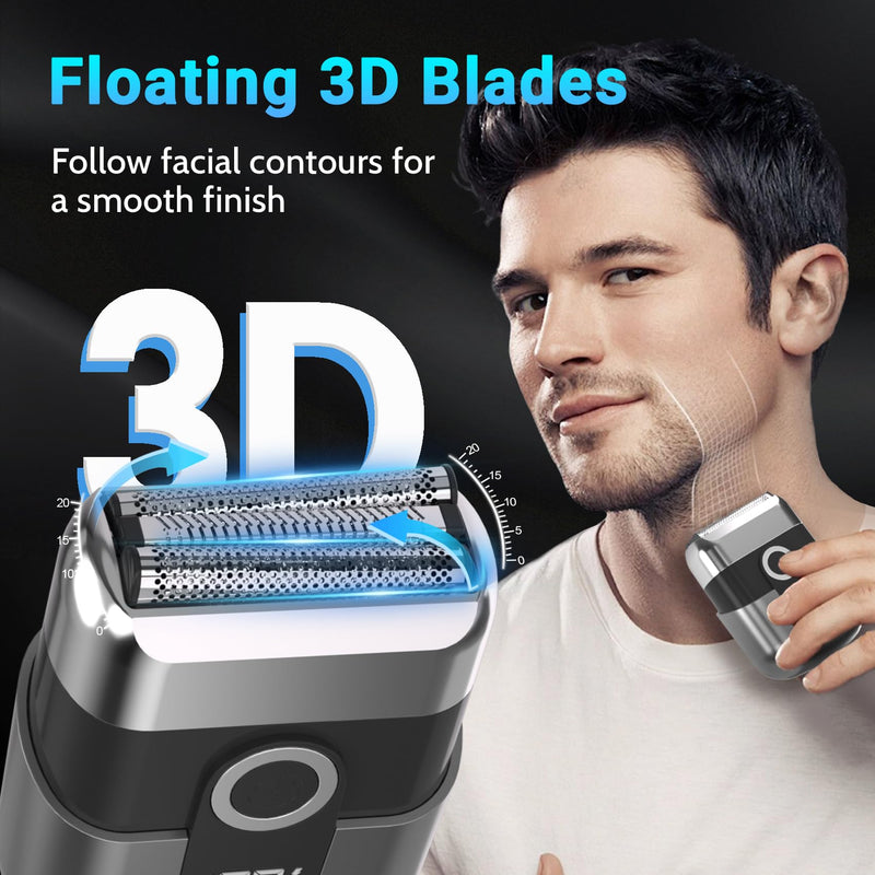 [Australia] - Electric Foil Shavers for Men: Mini Electric Razor, Foil Shaver for Face, IPX7 Waterproof Wet Dry Cordless Razor with 3 Floating Blades, LED Display, USB-C Fast Rechargeable for Travel & Home Grey 