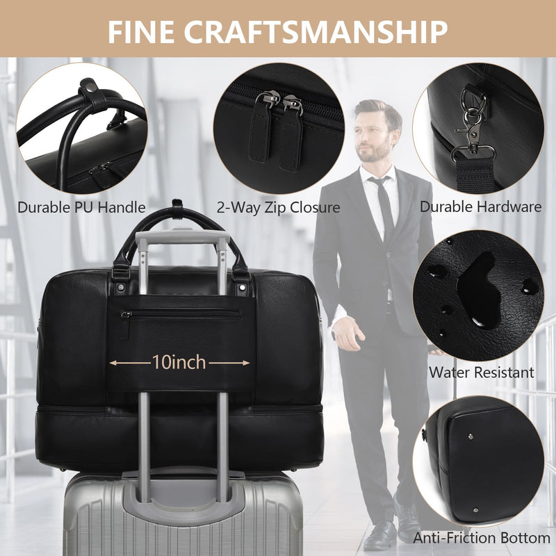 4-in-1 Leather Duffle Bag Weekender Bag for Women Men Large Overnight Bag | Hospital Gym Bag Carry On Personal Item Travel Duffel Bags with Shoe Compartment Toiletry Satchel Bag Fit 21" Laptop Black