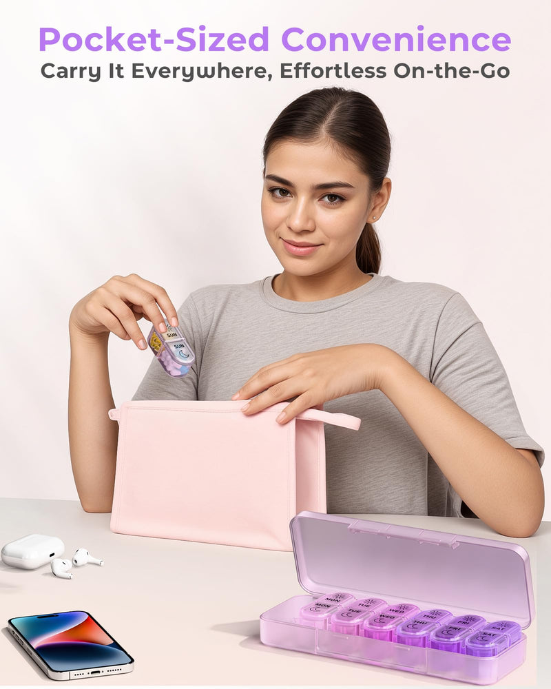 Pillex Pill Organizer, Am & Pm Pill Organizer 7 Days, Weekly Pill Case 2 Times a Day, Cute Pill Box 7 Day, Medicine Organizer for Travel, Vitamins, Fish Oils, Supplements (Gradient Pink-Purple) Gradient Pink-purple