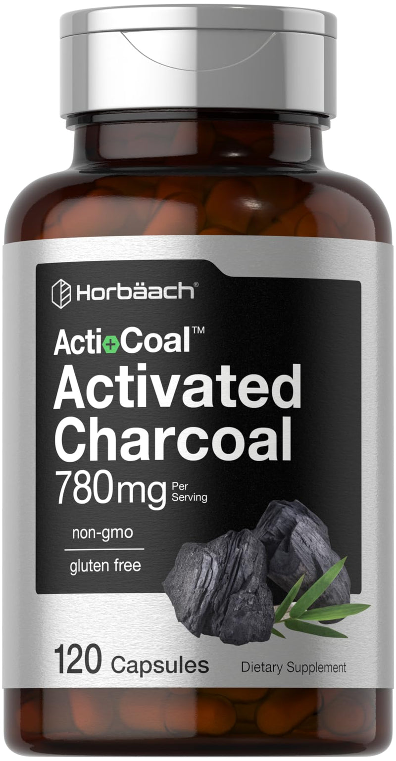 Horbäach Charcoal Pills 780mg | 120 Capsules | Activated Charcoal from Coconut Shells | Non-GMO and Gluten Free | Acti-Coal 120 Count (Pack of 1)