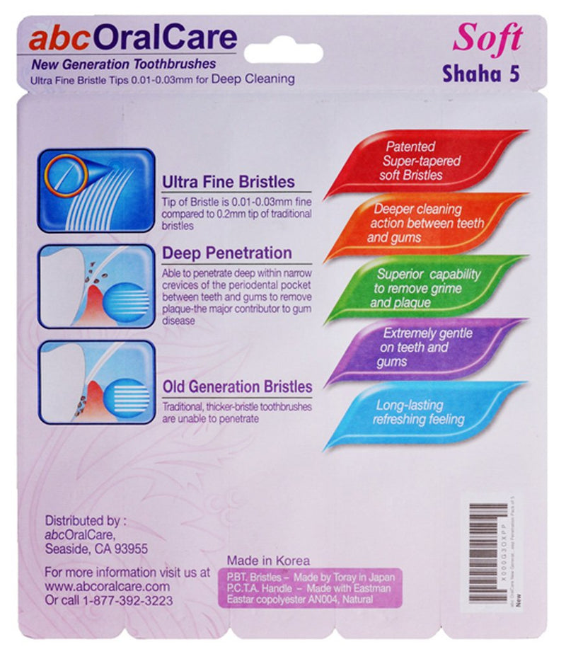 [Australia] - Shaha 5 toothbrush, New Generation US Patented, Non Nylon, Tapered, Soft and Ultra fine bristles –– Deep penetration pack of 5 