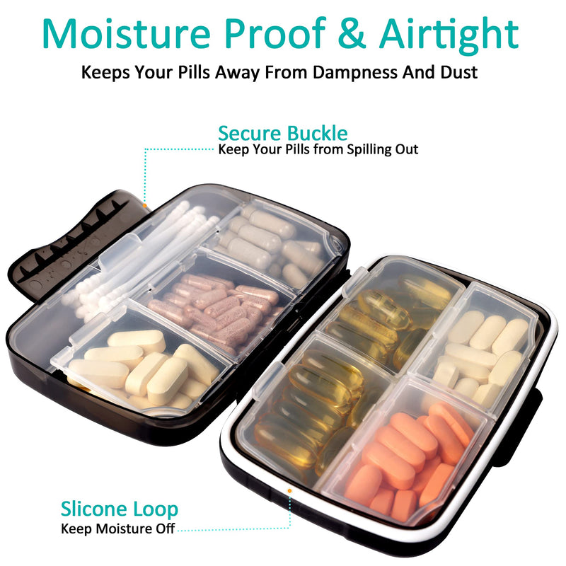 Fullicon Moisture Proof Travel Pill Organizer, 8 Compartments, Grey | Moisture Proof, Travel, Easy Open, Holds 14-17 Fish Oils, 20-35 Capsules or 13-21 Vitamins, Customized Labels, BPA-Free