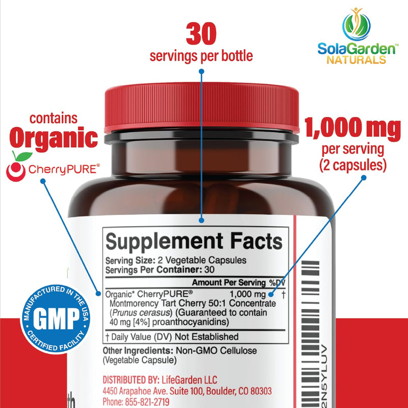 [Australia] - Super Strength Organic Montmorency Tart Cherry Supplement – 50:1 Concentrate Grown in The USA - Contains Certified Organic CherryPURE – by SolaGarden Naturals. 60 Non GMO Veggie Capsules. 