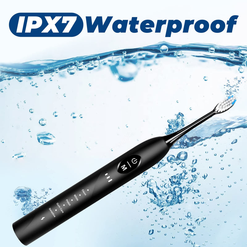 Sonic Electric Toothbrush for Adults, Rechargeable with 6 Replacement Brush Heads, 5 Modes and 3 Intensity, with 2-Minute Intelligent Timer and IPX7 Waterproof Technology, in Antique Black