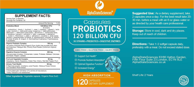 ReviveWell Advanced 120 Billion CFUs ProBiotics + PreBiotics + Enzymes - Boost Gut Health, Digestion, and Urinary Tract - Organic Fruit & Veg Complex - 120 SoftGels 2-Month Supply