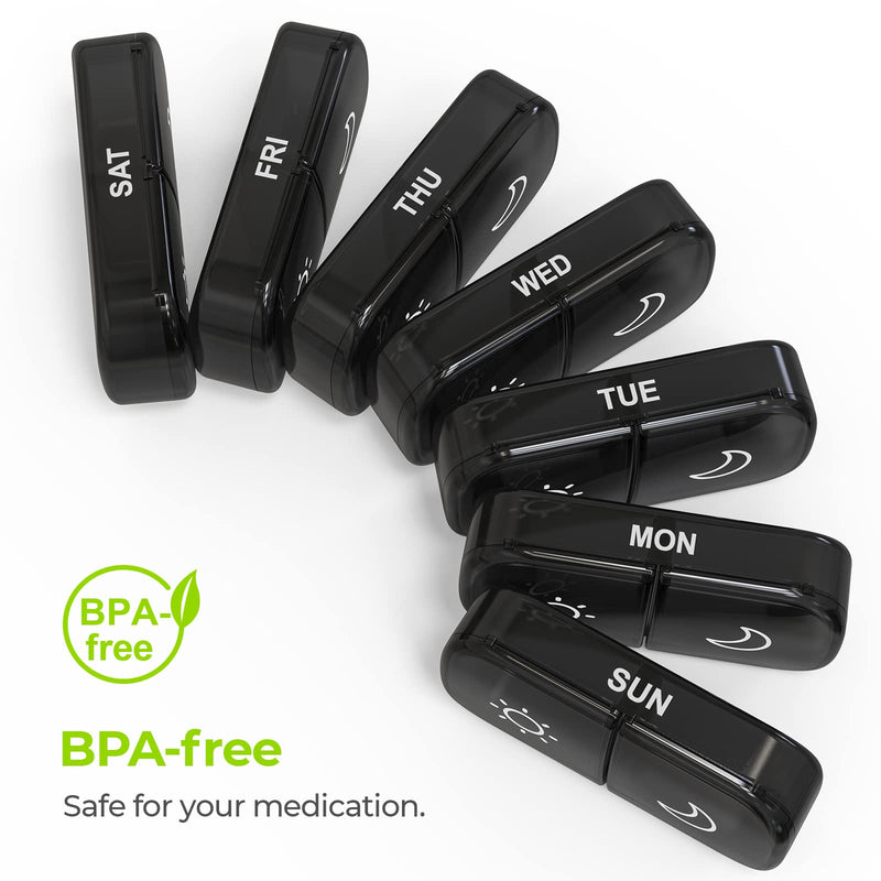 [Australia] - AUVON XL Weekly Pill Organizer 2 Times a Day, Pill Box 7 Day with One-Side Large Opening Design for Easy Filling, Black Privacy Protection AM PM Pill Case for Medication/Vitamins/Fish Oils/Supplements 